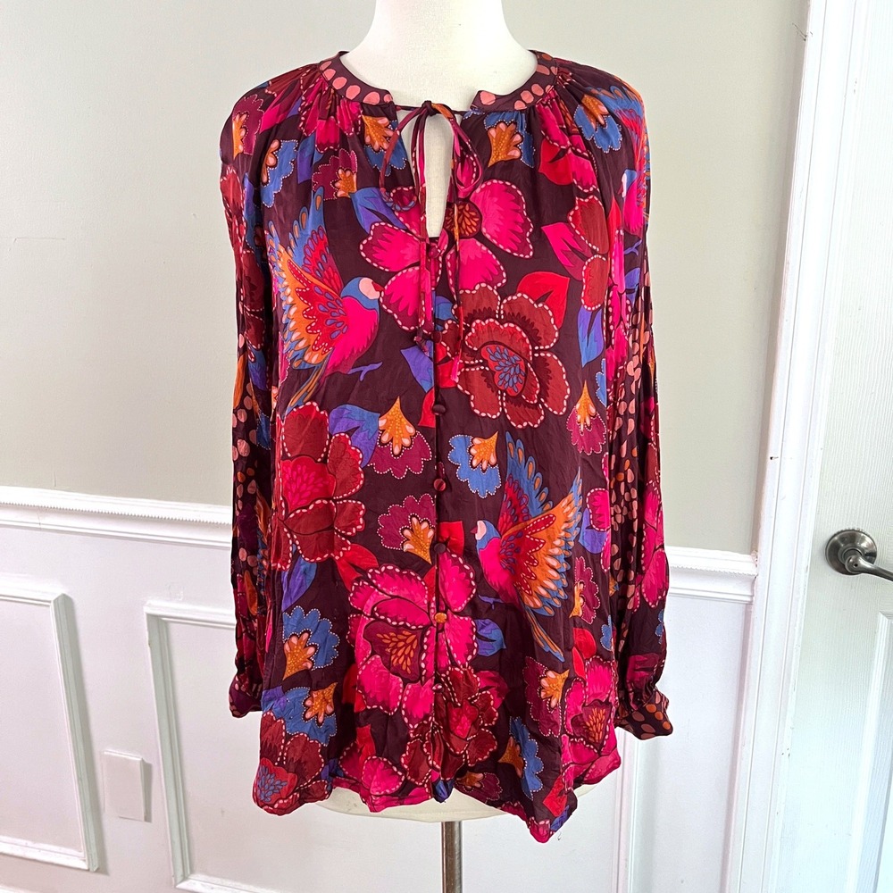 Philosophy Boho Blouse Top L Women Floral Bird Tie Neck Balloon Sleeve Burgundy